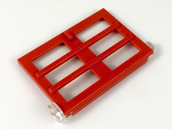 Red LEGO door frame (1x4x5 right) with 6 panes and fixed trans-clear glass elements, on a white background.