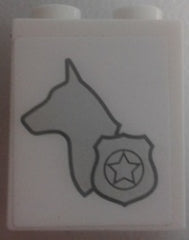 White LEGO 1x2x2 brick with a grey dog head silhouette and a police badge pattern.