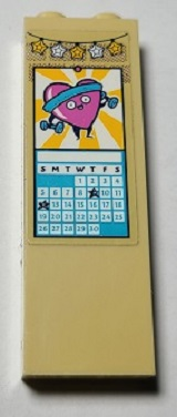 Tan LEGO 1x2x5 brick with a sticker featuring a pink heart lifting weights, a calendar, and stars. Set 41340.