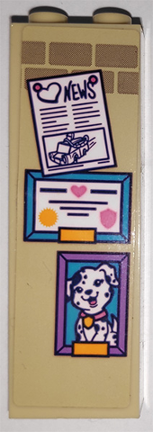 LEGO Brick 1x2x5 with sticker: newspaper (NEWS, car), certificate (heart, sun, shield), and framed picture of a dalmatian dog.