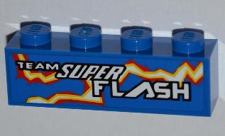 Blue LEGO 1x4 brick with 'TEAM SUPER FLASH' text and red, yellow, and white electric spark pattern printed on the side.