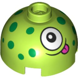 Lime green LEGO round 2x2 dome top brick with green dots, a large white eye, and a dark pink tongue pattern.
