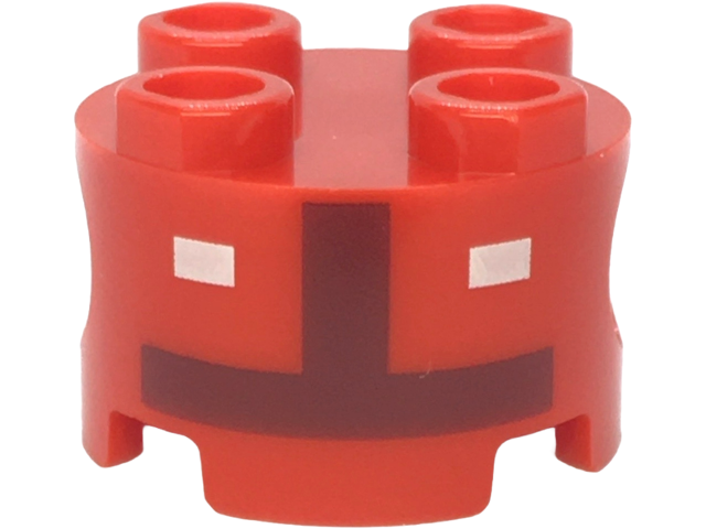 Red round 2x2 LEGO brick with pin holes, featuring a Super Mario Toad Pit Crew Torso pattern.
