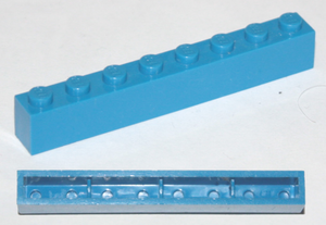 Two views of a blue LEGO 1x8 brick; top shows studs, bottom reveals internal cross supports and no bottom tubes.