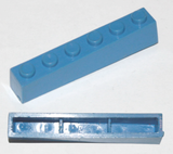 Top and bottom views of a blue LEGO 1x6 brick. It has 6 studs and lacks bottom tubes, featuring internal cross supports.