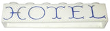 White LEGO 1x6 brick, crssprt02pb23, with a blue curvy 'HOTEL' pattern printed on its top surface.
