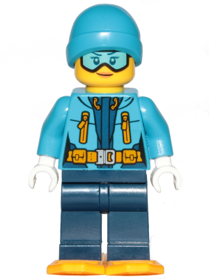 LEGO cty0906 Arctic Explorer female minifigure with dark blue legs, dark azure beanie, medium azure ski goggles, orange snowshoes.