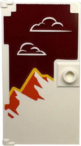 White LEGO door 1x4x6 with stud handle, clouds on dark red, orange & yellow mountains pattern.