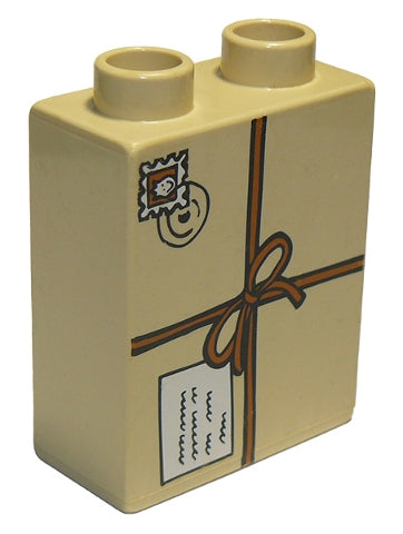 A tan LEGO Duplo 1x2x2 brick featuring a tied parcel pattern with a postmark displaying a face and a message tag.