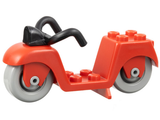 Red LEGO Fabuland scooter with black handlebars and light gray wheels on a white background.