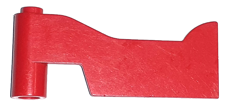 Red LEGO Fabuland left car door part, featuring a vertical hinge and an angled, stepped panel design.