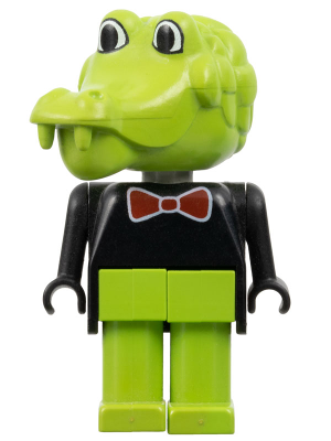 LEGO Fabuland Clive Crocodile minifigure with a green crocodile head, black suit, red bow tie, and green legs.