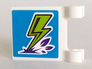 White LEGO flag 2x2 with blue sticker featuring a lime green lightning bolt with purple outline and leaf-like elements.