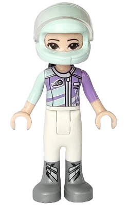 LEGO Friends Emma minifigure in white trousers, light aqua and medium lavender racing jacket, and light aqua racing helmet with ponytail.