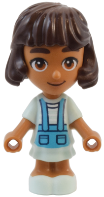 LEGO Friends Alba micro doll with brown skin, dark brown hair, wearing a light aqua dress with blue overalls over a striped shirt.