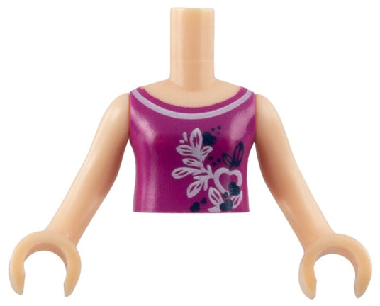 LEGO mini-doll girl torso, magenta top with white and dark blue butterflies and leaves pattern, light nougat arms with hands.