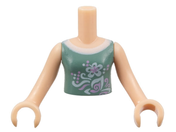 LEGO mini-doll girl torso, sand green vest top with purple flower and scroll pattern, white neckline, light nougat arms with hands.