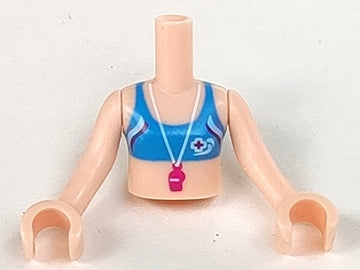LEGO FTGpb046c01 mini-doll torso with light nougat skin, blue bikini top, white necklace with pink whistle, and arms with hands.