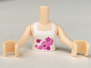LEGO mini-doll girl torso, white halter top with dark pink and magenta circles and stars pattern, light nougat arms.