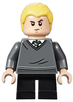 LEGO Harry Potter minifigure of Draco Malfoy with blond hair, grey Slytherin sweater, and black short legs.