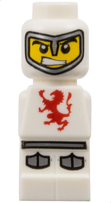 White LEGO microfigure with an angry yellow face, grey helmet visor, red lion emblem on torso, and grey knee pads.
