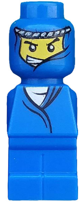 Blue LEGO microfigure with an angry yellow face, black eyes, white jagged mouth, a white and black patterned headband, and a blue gi.