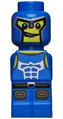 Blue LEGO Microfigure Minotaurus Gladiator with yellow face, black eyes, smirk, mask, white abs, black belt, and brown leg designs.