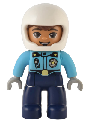 LEGO Duplo male police figure with white helmet, medium azure top with badge and zipper, and dark blue legs.
