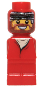 Red LEGO minifigure with a brown beard, smiling face, and black and white striped head covering, wearing red robes.