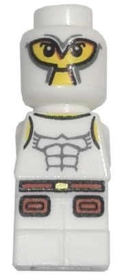 White LEGO Microfigure Minotaurus Gladiator with yellow eyes, grey muscular torso print, and brown belt and leg details.