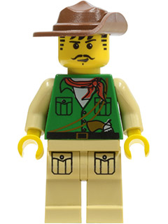 LEGO Minifigure adv024 - Johnny Thunder (Expedition) wearing a brown hat, green vest, red scarf, and tan pants.