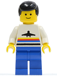LEGO Minifigure air006 with black hair, classic yellow head, white torso with airplane graphic and stripes, and blue legs.