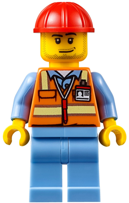 LEGO minifigure air050 with red construction helmet, smirk, stubble beard, orange safety vest, light blue shirt, and medium blue legs.