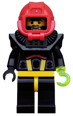 LEGO Minifigure Aquashark 2 (aqu007) in black armor, red helmet, yellow skull face, and trans-lime green hook hand.