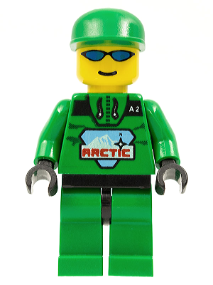LEGO Arctic Minifigure arc007, in a green suit, green cap, and sunglasses, with an 'ARCTIC' torso print.