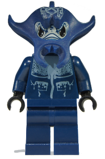 Dark blue LEGO Atlantis Manta Warrior minifigure (atl003) with a manta ray headpiece and patterned torso.