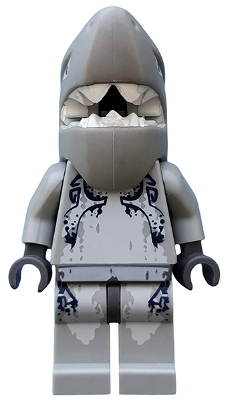Gray LEGO Atlantis Shark Warrior minifigure with an open-mouthed shark headpiece and visible teeth, featuring dark blue patterns.