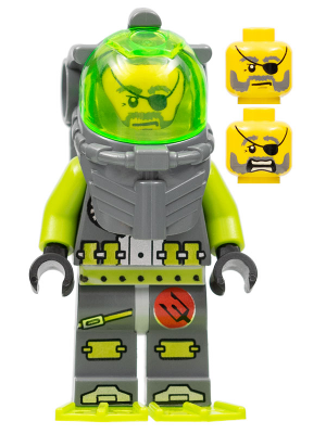 LEGO Atlantis Diver 3 Ace Speedman minifigure in a grey and lime green diving suit, clear green helmet, and two yellow heads.