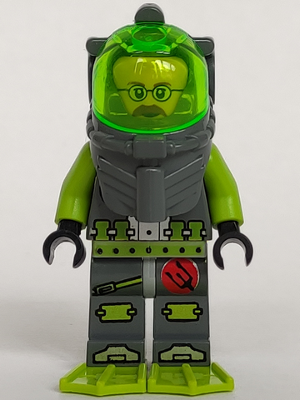 LEGO Atlantis Diver 6 Jeff Fisher minifigure in dark gray suit, clear green helmet, lime green arms, fins, and trident logo.