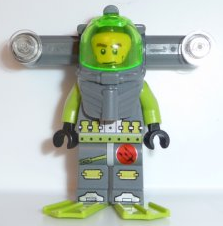 LEGO minifigure atl010 Atlantis Diver Axel in grey and lime green suit, with a green helmet, black flippers, and horizontal lights.