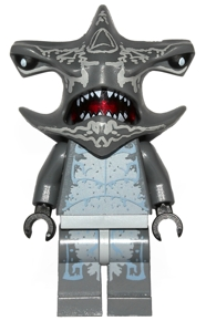 LEGO Minifigure atl017 Atlantis Hammerhead Warrior, grey with a hammerhead shark head, red eyes, and light blue patterns on its body.