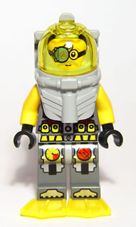 LEGO Minifigure Atlantis Diver 7 Brains with trans-yellow visor, gray diving suit, yellow arms, and yellow flippers.