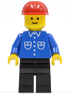 LEGO minifigure but015, wearing a blue shirt with 6 buttons, black legs, and a red construction helmet.