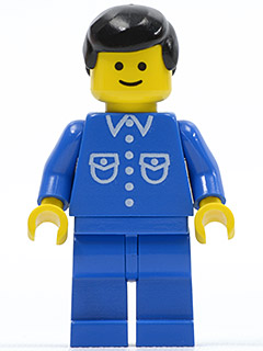 Classic LEGO Minifigure but019 with blue shirt and 6 white buttons, blue legs, yellow head with smile, and black hair.