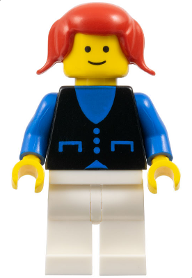 LEGO Minifigure but034 with red pigtails, yellow head, blue shirt with 3 buttons and blue vest, white legs.