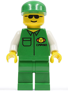 LEGO Minifigure car003 'Cargo' worker. Green cap, green shirt with 'CARGO' logo, green legs, white arms, sunglasses.
