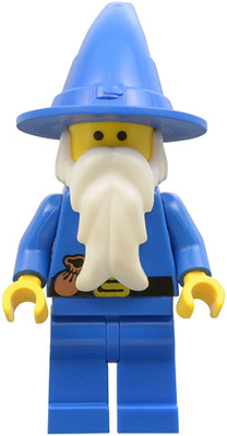 LEGO Minifigure cas019 Majisto Wizard, blue outfit, pointy hat, white beard, and brown pouch printed on torso.