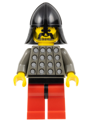 LEGO cas029 Fright Knights Knight 3 minifigure: black helmet, yellow face with beard, gray studded armor, black hips, red legs.