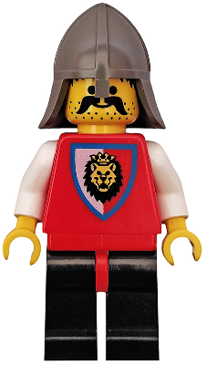 A LEGO Minifigure, Knight 4 from Royal Knights, with a dark gray helmet, a mustache, red torso featuring a crowned lion shield, and black legs.