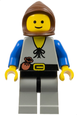 LEGO cas092 Peasant minifigure with brown hood, smiling yellow head, gray torso with brown pouch and belt print, blue arms, gray legs.